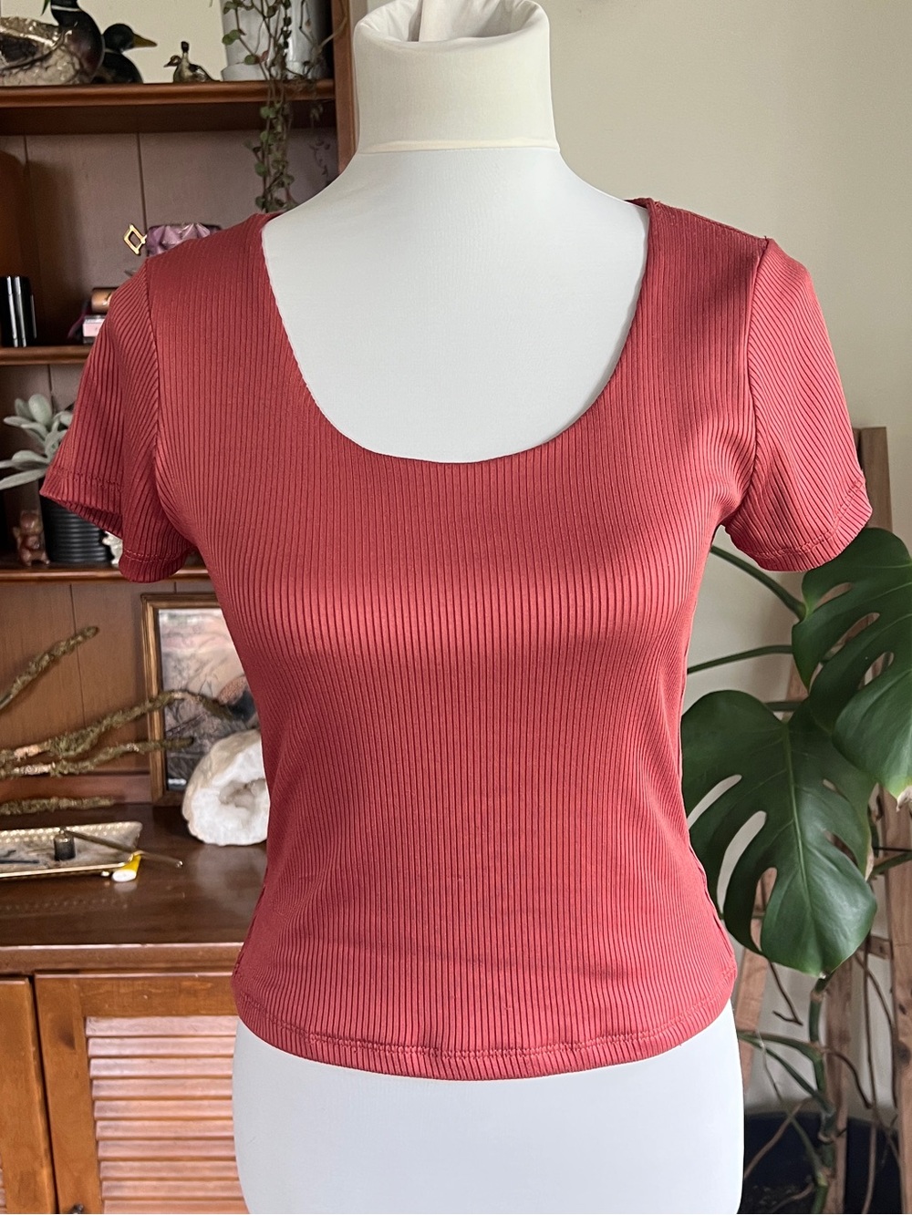 Heart Hips Boutique Rust Orange Ribbed Stretchy Fitted Top Shirt M